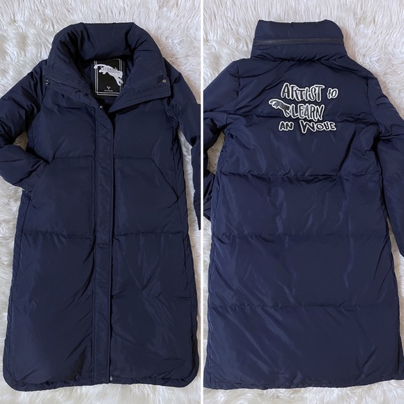 EUC PEACEBIRD midi length down puffer parka coat with hidden hood, navy blue - Picture 13 of 16